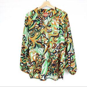 Anthropologie Colorful Geometric Green Leaf Print Lightweight Spring Blouse M